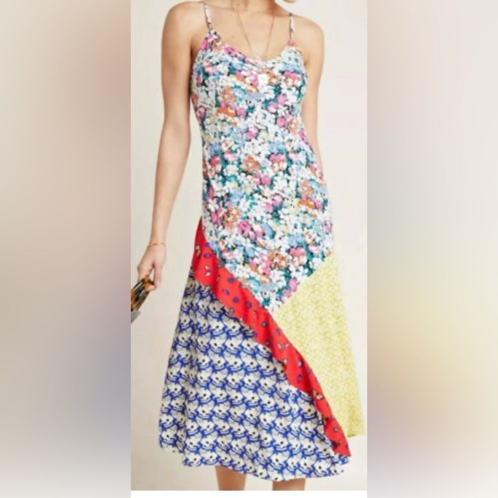 Anthropologie 52 of 52 Conversations Multi-Print Bias Cut Dress M Floral, Cats